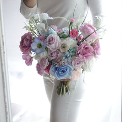 Pastel Pink Blue Rose Wedding Bouquet 35cmW