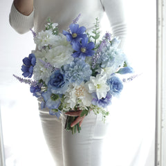 Dahlia Peony Blue White Bouquet 36cmW