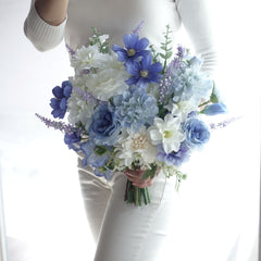Dahlia Peony Blue White Bouquet 36cmW