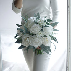Real-touch White Rose Bouquet 30cmW