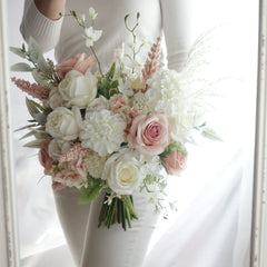 White Blush Rose Dahlia Wedding Bouquet 38cmW