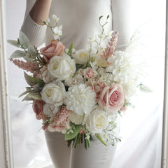 White Blush Rose Dahlia Wedding Bouquet 38cmW