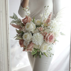 White Blush Rose Dahlia Wedding Bouquet 38cmW