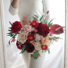 Red Peach Blush Dahlia Rose Wedding Bouquet 38cmW