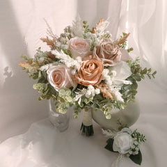 Blush Brown White Rose Pampas Bouquet