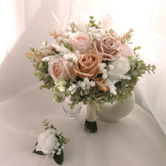 Blush Brown White Rose Pampas Bouquet