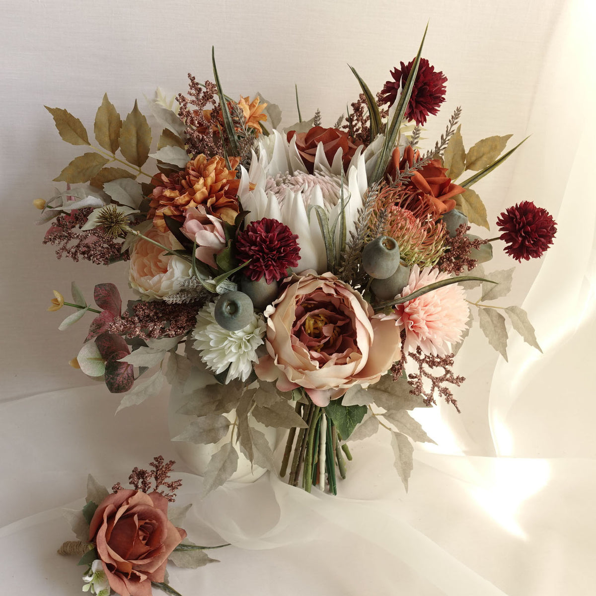 Artificial Blush Cream Rust Burgundy Native King Protea Bouquet