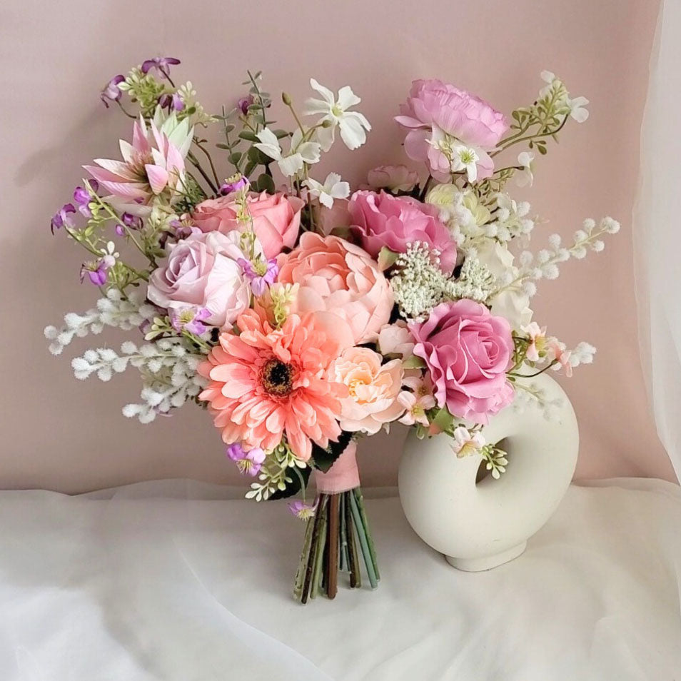 Jfloral Artificial Pastel Wedding Bridal Bouquet Whimsical  Faux Flower Bouquet Pink Purple White Bouquet