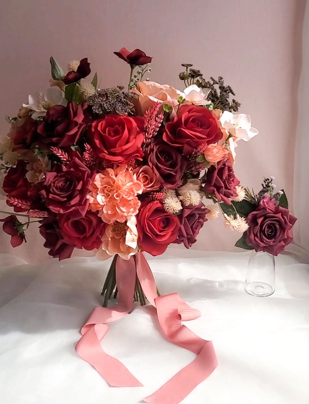 Red Rose Dahlia Bouquet and Matching Boutonniere