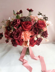 Red Rose Dahlia Bouquet and Matching Boutonniere