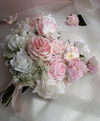 Real-touch White Pink Rose Bouquet 40cmW x 45cmH