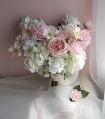 Real-touch White Pink Rose Bouquet 40cmW x 45cmH