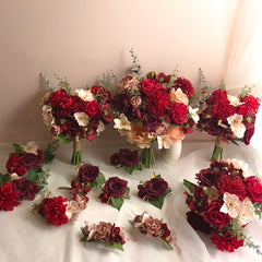 Dahlia Peony Rose Red Bouquet 36cmW x 45cmH