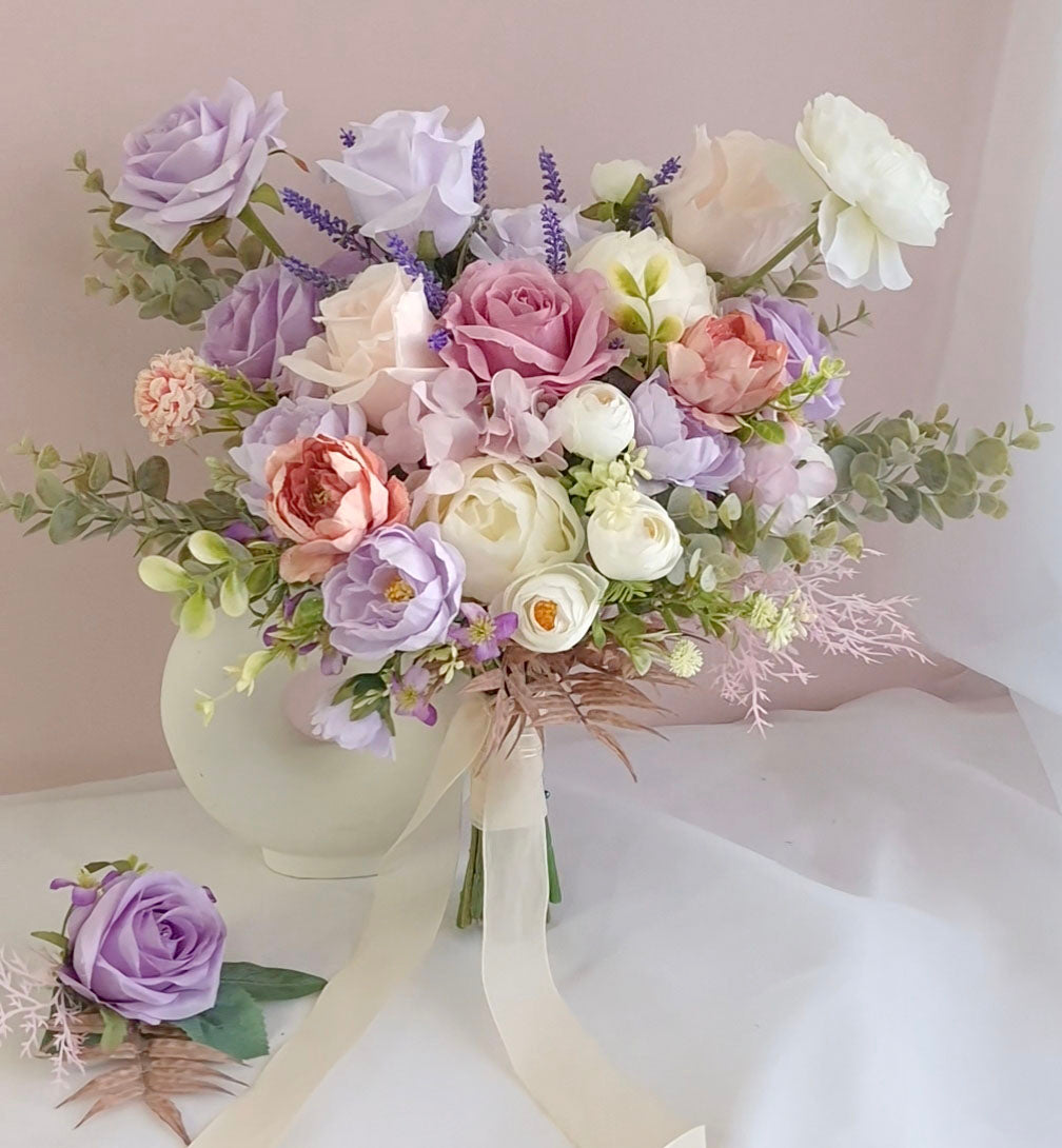 Pastel Purple Pink White Rose Ranunculus Wedding Bouquet