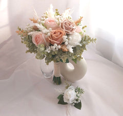 Blush Brown White Rose Pampas Bouquet