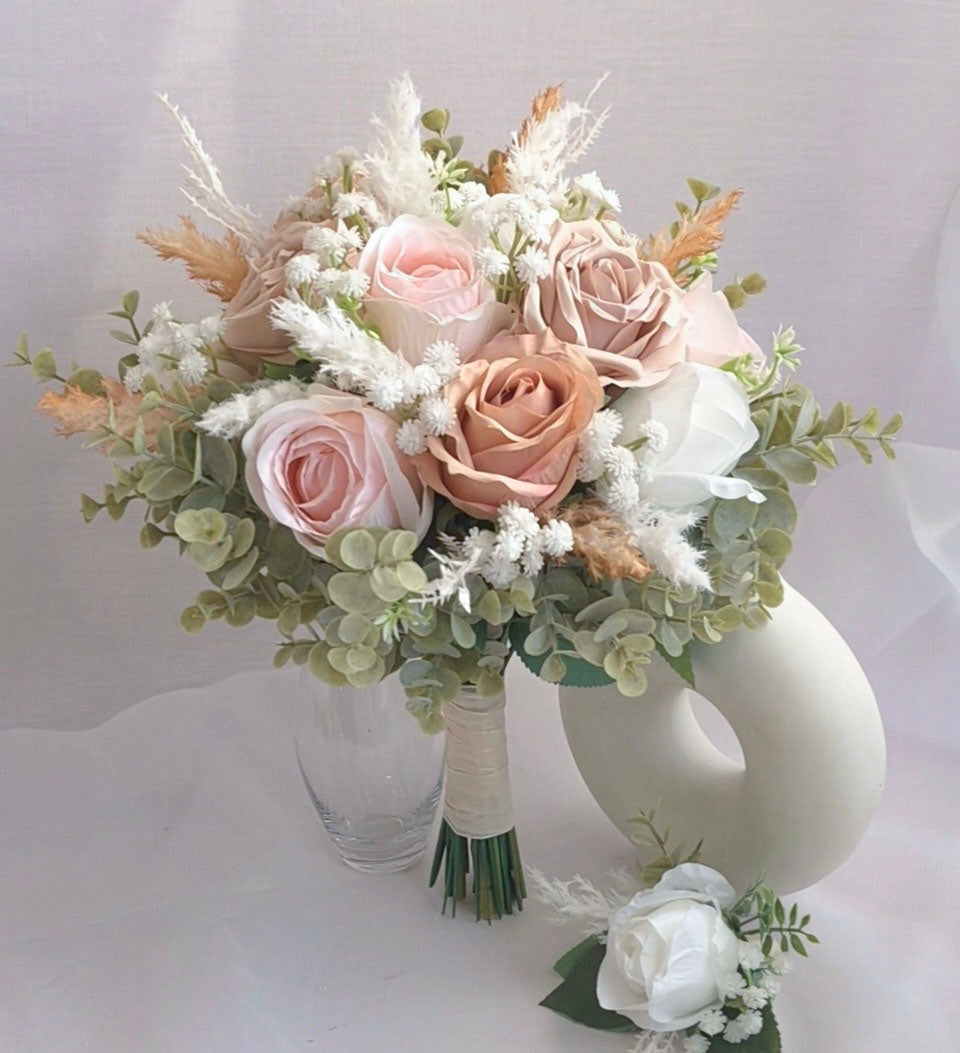 artificial pink brown white rose bouquet