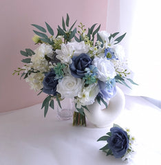 Blue White Rose Wedding Bouquet 38cmW